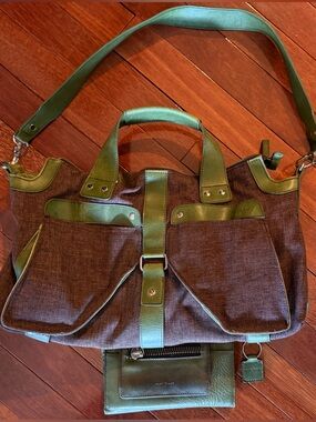 Matt & NatBrown Canvas & Green Vegan Leather Trim Purse and Wallet + Keychain